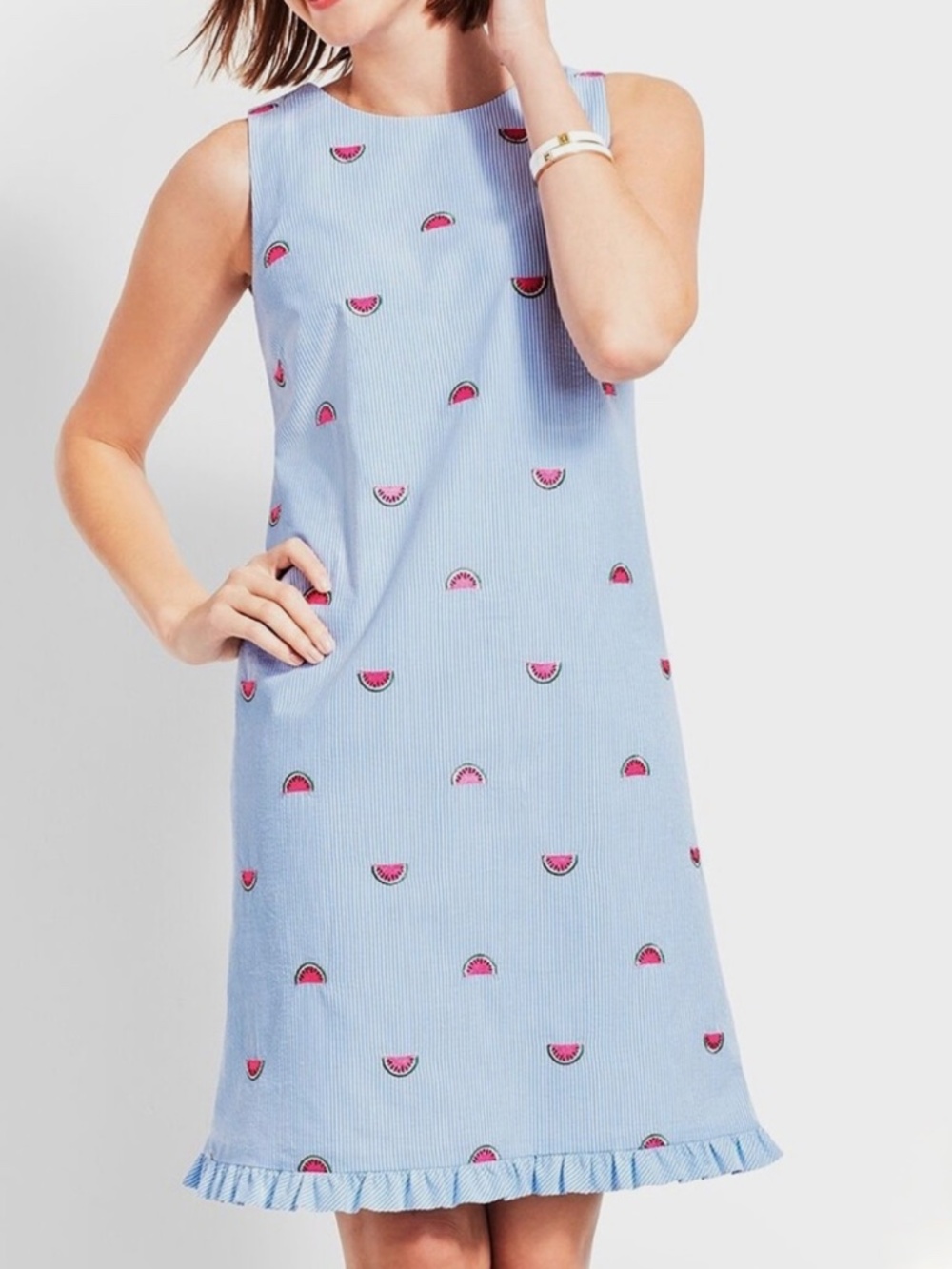 Talbots Watermelon Womens Sz 14 Embroidered Dress Seersucker 100% Cotton